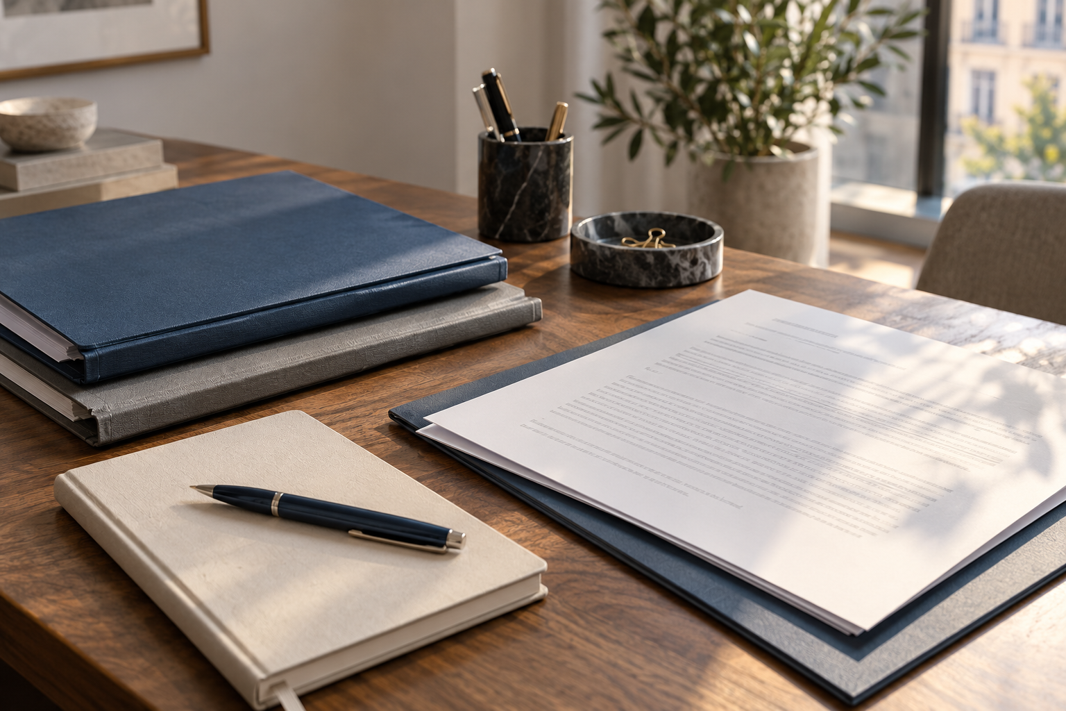Carpetas y documentos preparados en una mesa de trabajo