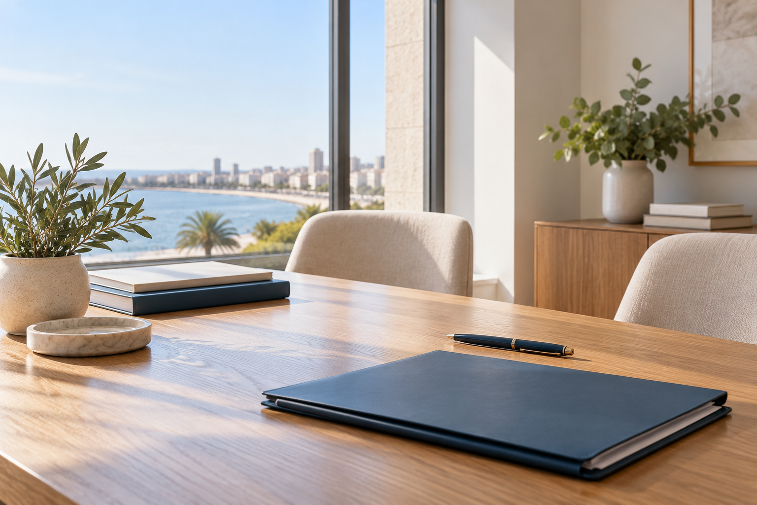 Mesa de reuniones contemporánea con carpetas y luz natural